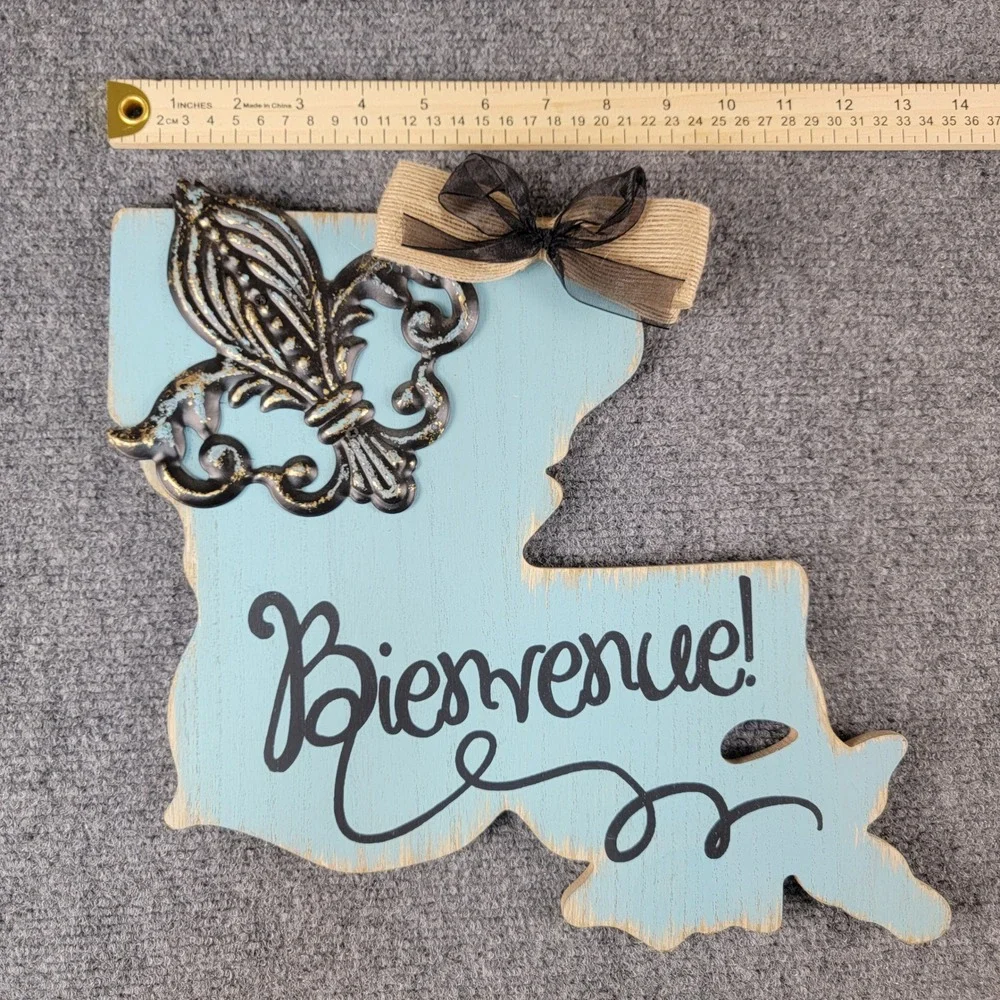 Louisiana State Blue Wooden Wall Decor Sign Cutout Fleur De Lis Bow 13